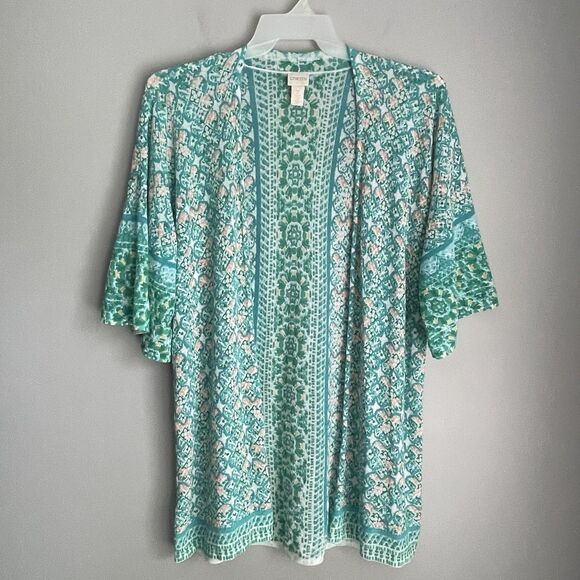 Chico's Open Front Cardigan Size 2 Large Green Colorful Coastal Beachy Artsy - Picture 1 of 12